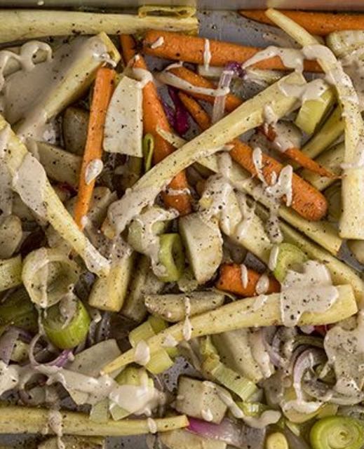 Roasted vegetables with tahini sauce